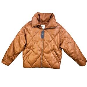 Abercrombie Fitch Puffer Jacket Womens XS Brown Vegan Leather Diamond NEW